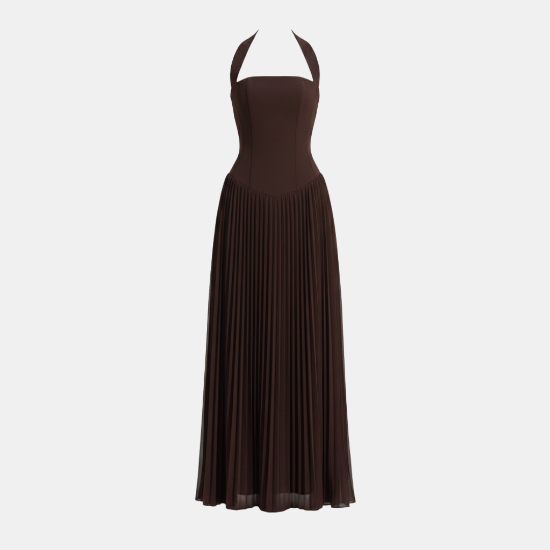 Pleated Halter Maxi Dress with Drop Waist | Elegant Evening Wear Dress