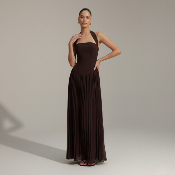 Pleated Halter Maxi Dress with Drop Waist | Elegant Evening Wear Dress