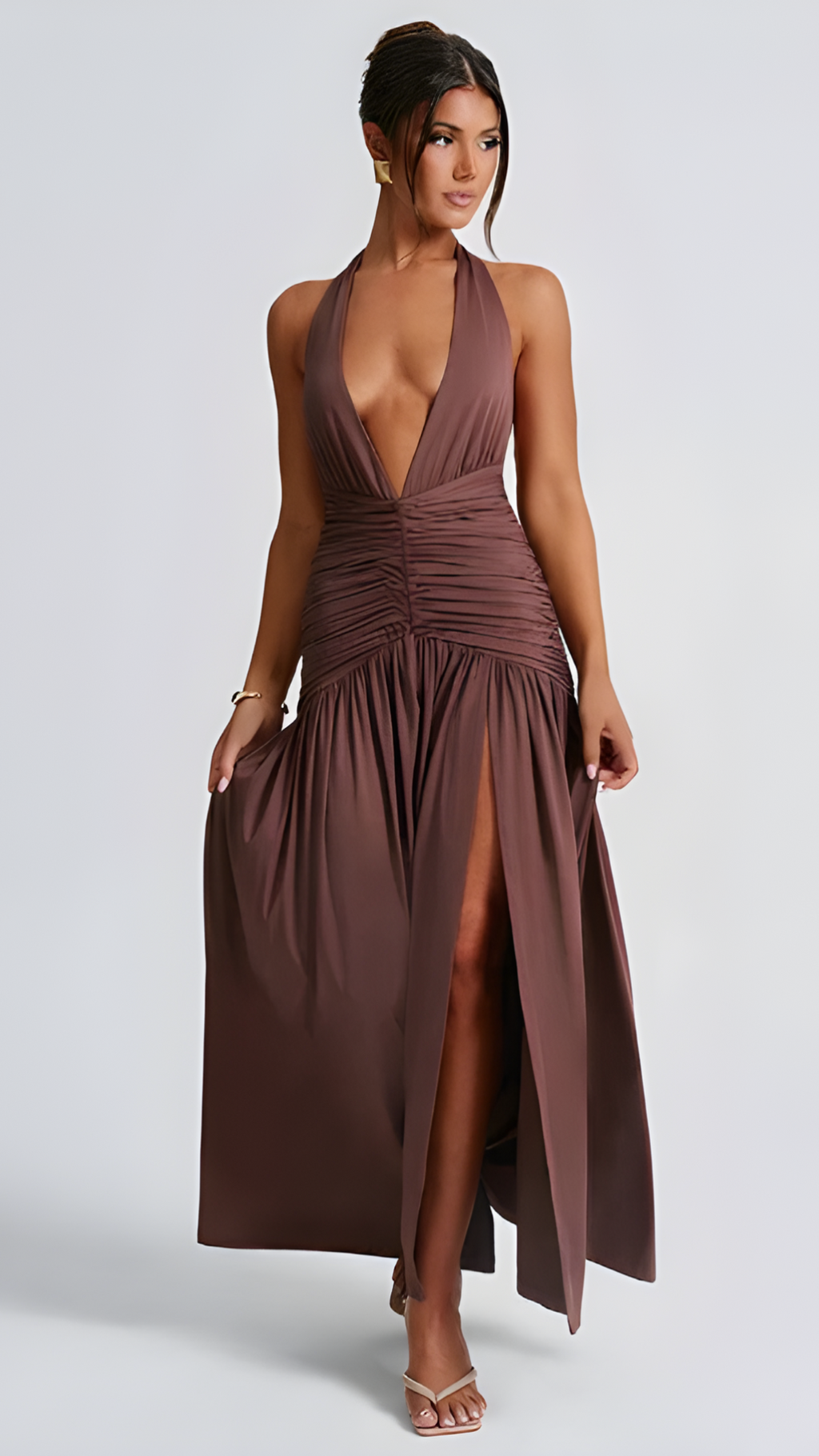 Plunge Maxi Dress in Velour Fabric for Evening Wear and Special Occasions