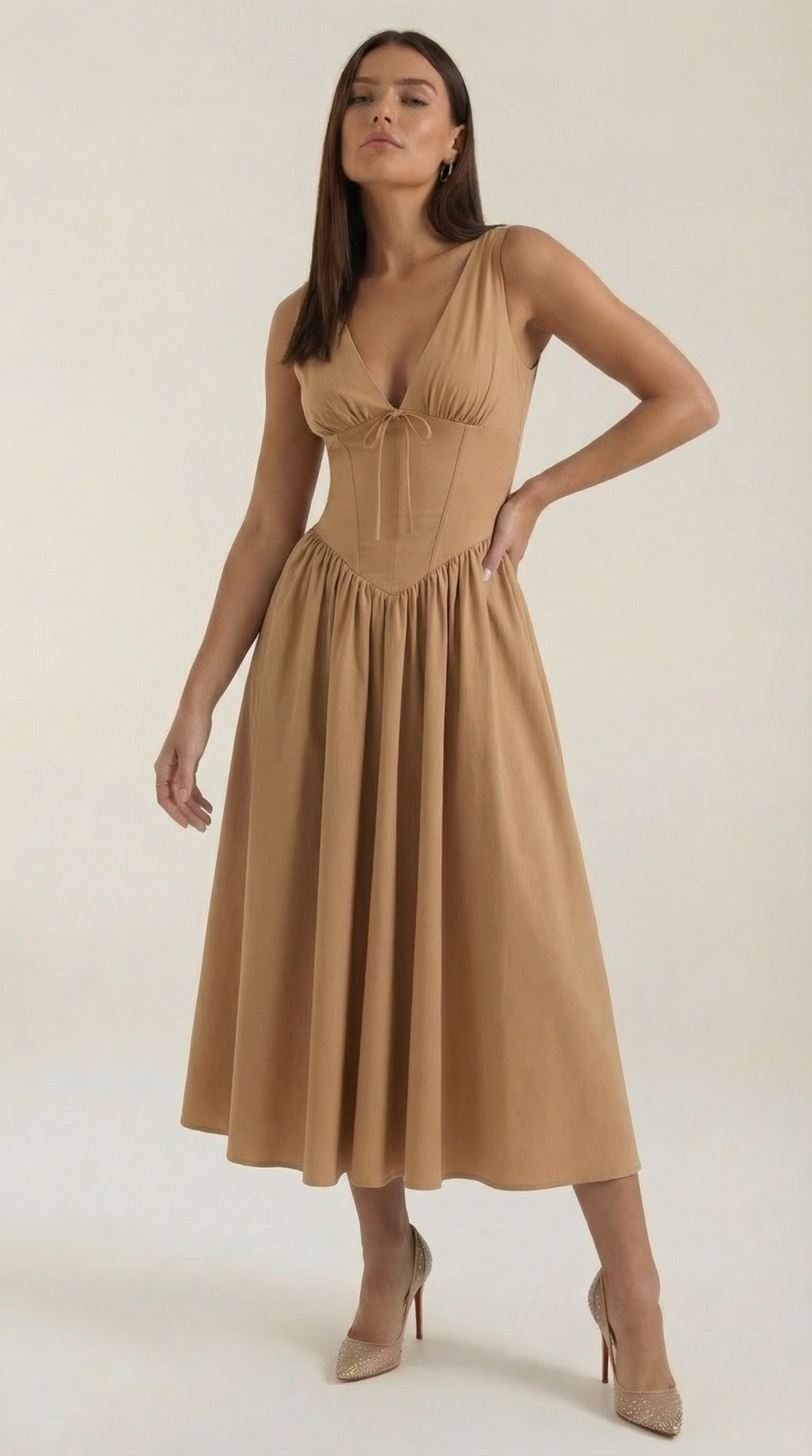 Plunge Midi Dress - Lightweight Fabric - Elegant Party Wear for Women - Perfect for Special Occasions