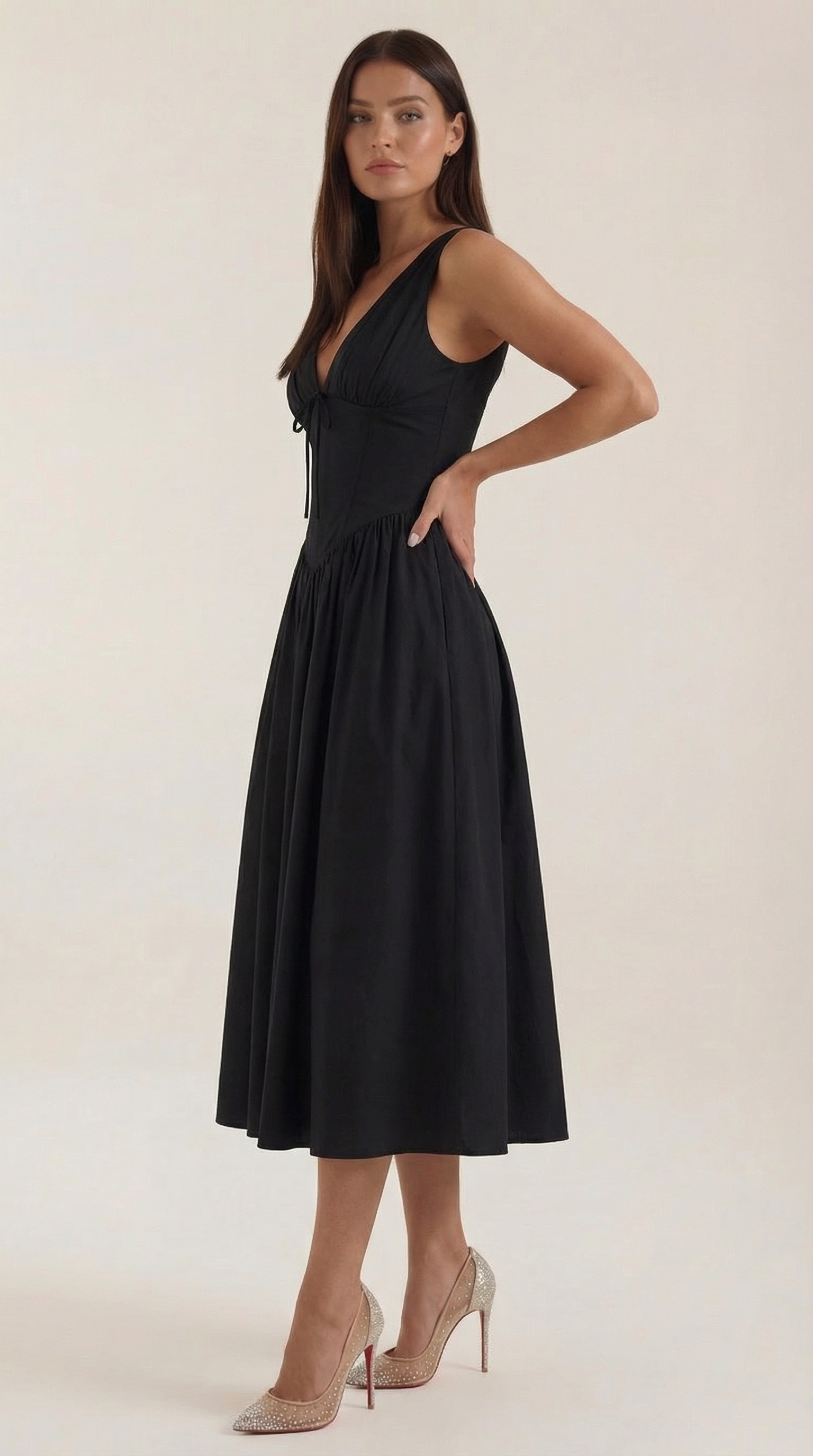Plunge Midi Dress - Lightweight Fabric - Elegant Party Wear for Women - Perfect for Special Occasions