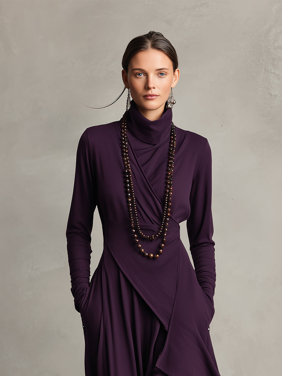 Purple Cotton Stretch Turtleneck Maxi Dress Women UK – Bohemian Evening Gown, Wedding Guest & Garden Party