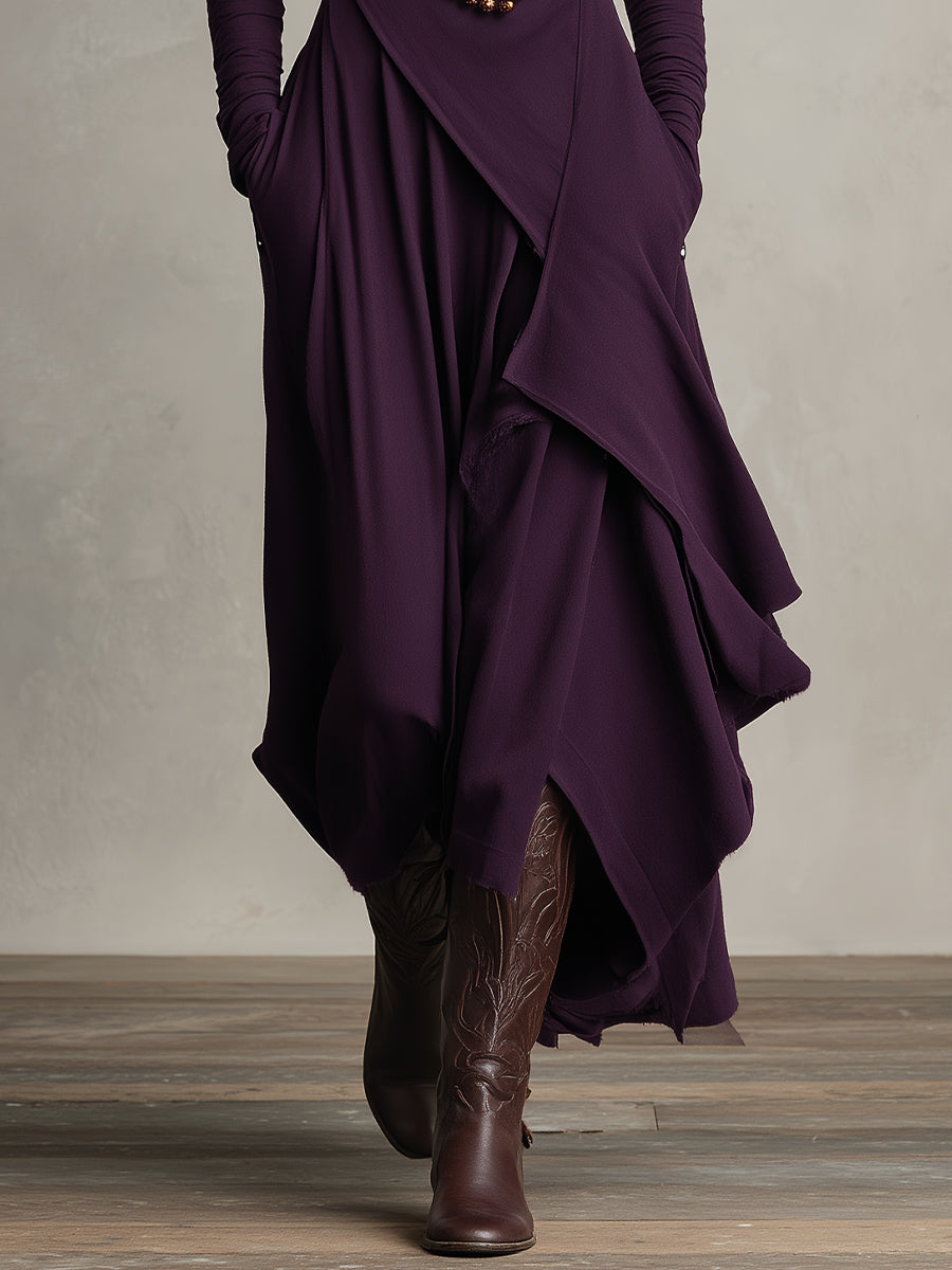 Purple Cotton Stretch Turtleneck Maxi Dress Women UK – Bohemian Evening Gown, Wedding Guest & Garden Party