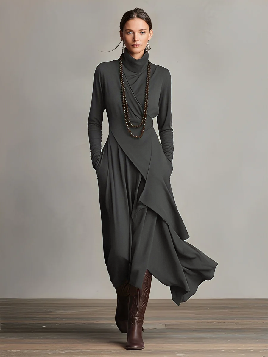 Purple Cotton Stretch Turtleneck Maxi Dress Women UK – Bohemian Evening Gown, Wedding Guest & Garden Party
