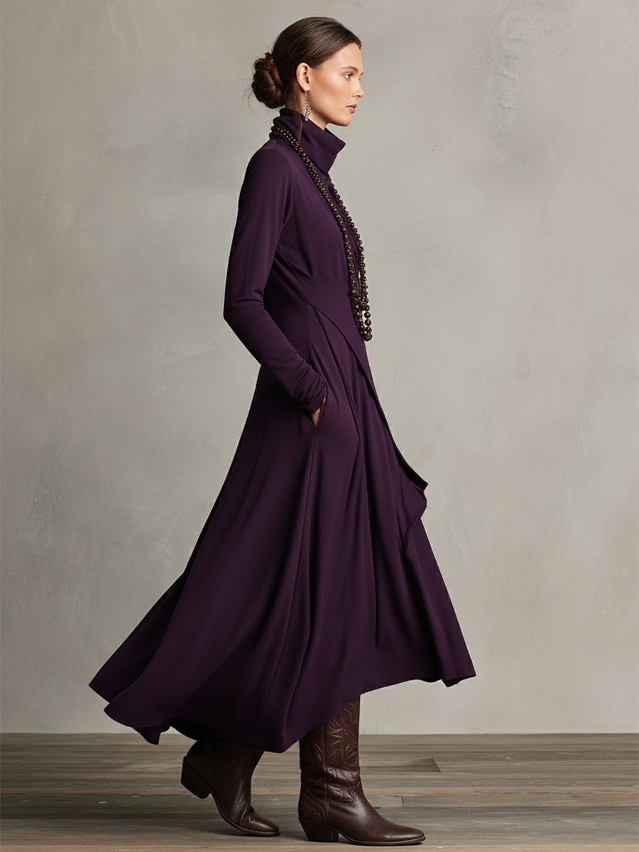 Purple Cotton Stretch Turtleneck Maxi Dress Women UK – Bohemian Evening Gown, Wedding Guest & Garden Party