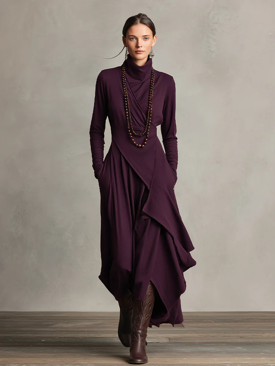 Purple Cotton Stretch Turtleneck Maxi Dress Women UK – Bohemian Evening Gown, Wedding Guest & Garden Party