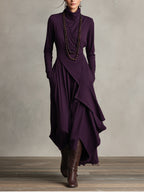 Purple Cotton Stretch Turtleneck Maxi Dress Women UK – Bohemian Evening Gown, Wedding Guest & Garden Party