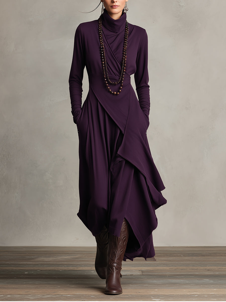 Purple Cotton Stretch Turtleneck Maxi Dress Women UK – Bohemian Evening Gown, Wedding Guest & Garden Party