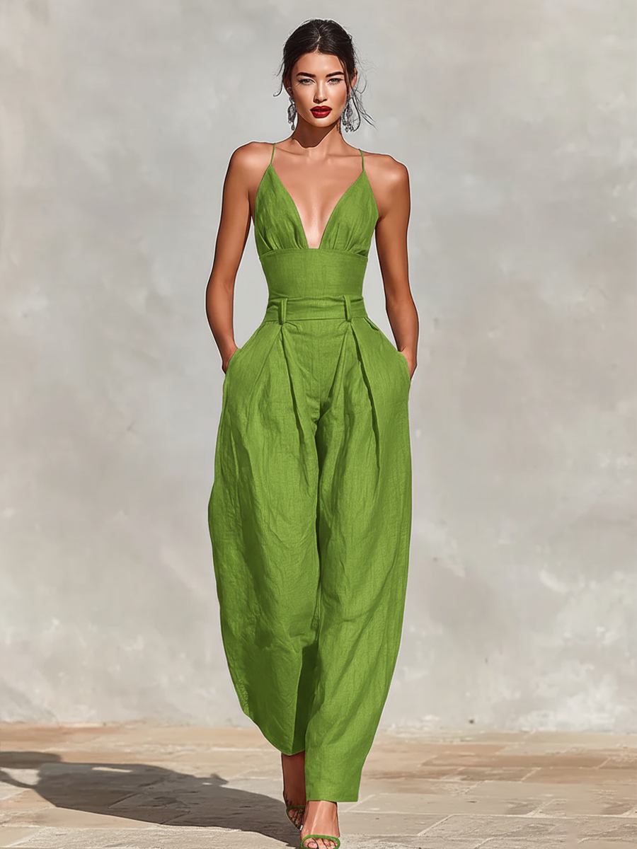 Red Linen Jumpsuit for Women UK – Spaghetti Straps High-Waisted Pleated Jumpsuit, Smart Casual Holiday Wear