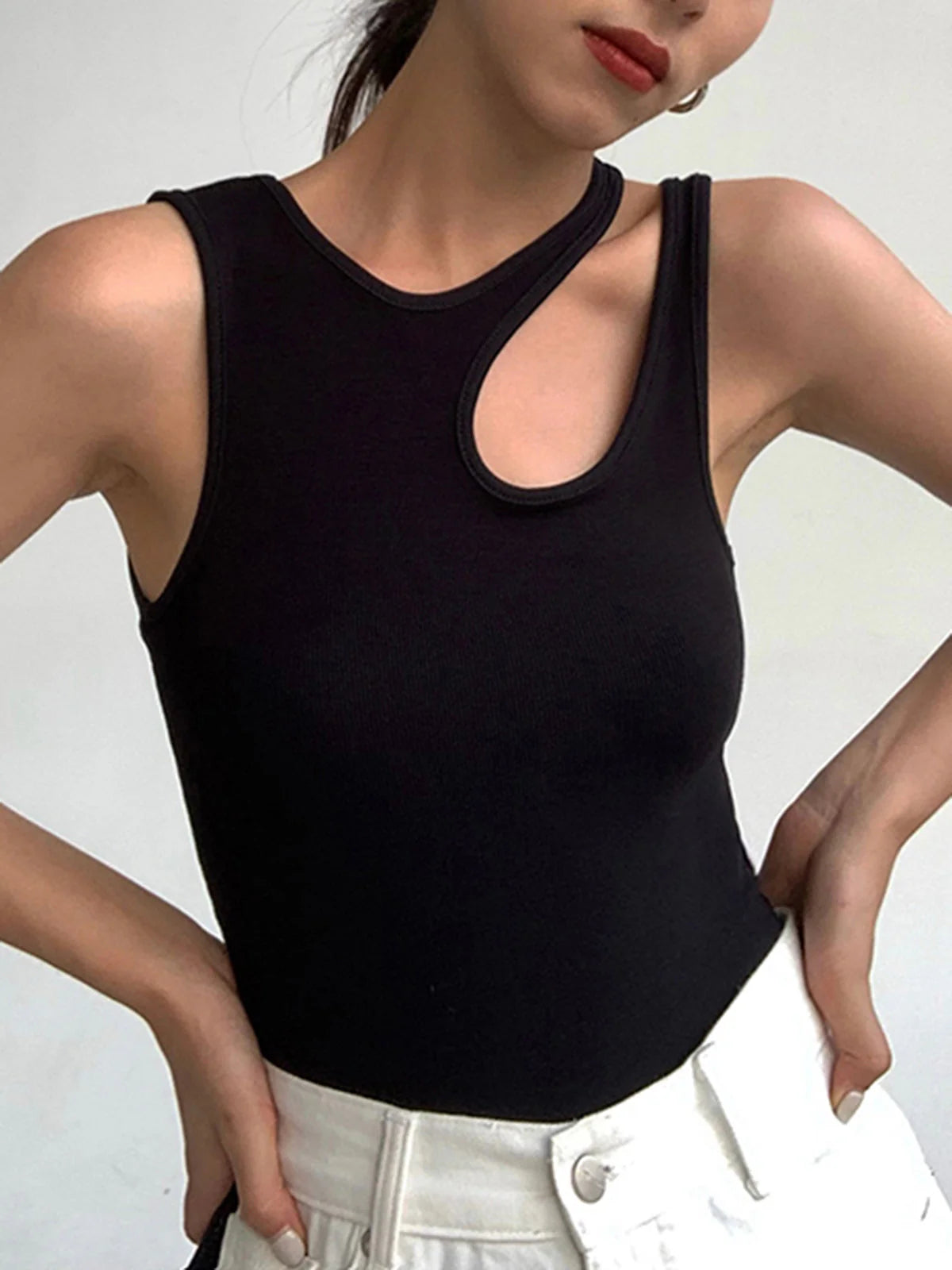Ribbed Cutout Tank Top for Women - Soft Cotton Blend, Casual Sleeveless Design, Perfect for Everyday Wear or Layering