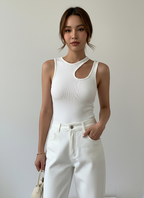 Ribbed Cutout Tank Top for Women - Soft Cotton Blend, Casual Sleeveless Design, Perfect for Everyday Wear or Layering