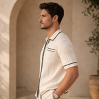 Ribbed Knit Short Sleeve Polo Shirt for Men - Casual Zip Design