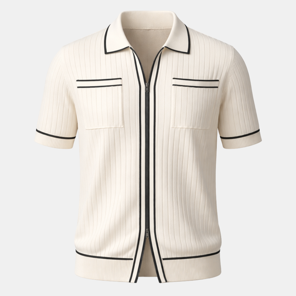 Ribbed Knit Short Sleeve Polo Shirt for Men - Casual Zip Design