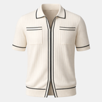 Ribbed Knit Short Sleeve Polo Shirt for Men - Casual Zip Design