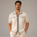 Ribbed Knit Short Sleeve Polo Shirt for Men - Casual Zip Design