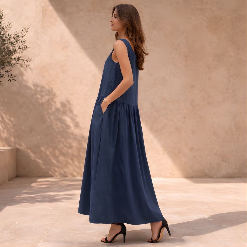 Sleeveless A-Line Maxi Dress for Women - Round Neck, Casual Summer Wear