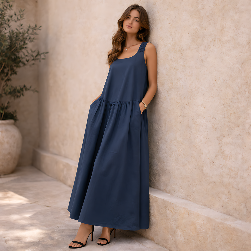 Sleeveless A-Line Maxi Dress for Women - Round Neck, Casual Summer Wear