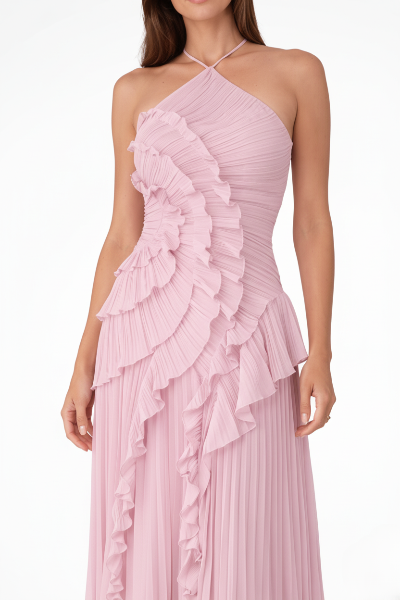 Sleeveless Halter Backless Ruffled Maxi Dress for Summer Weddings