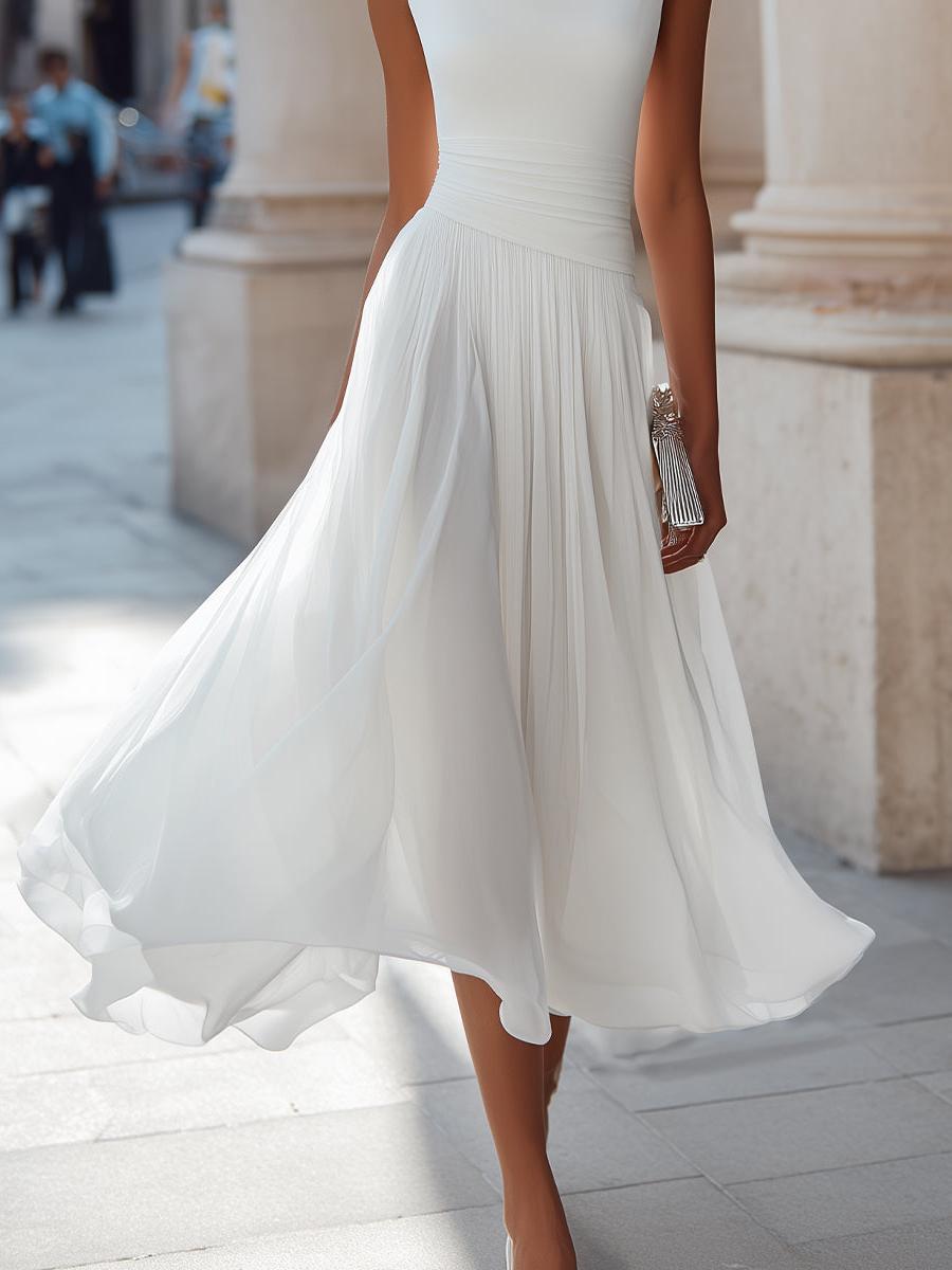 Sleeveless Pleated Midi Dress Women UK – Draped Neck Evening Gown, Wedding Guest & Formal Occasion
