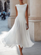 Sleeveless Pleated Midi Dress Women UK – Draped Neck Evening Gown, Wedding Guest & Formal Occasion