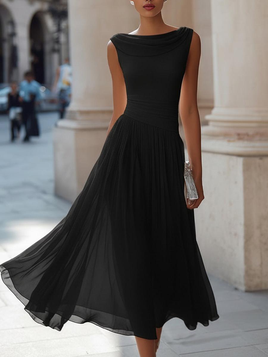 Sleeveless Pleated Midi Dress Women UK – Draped Neck Evening Gown, Wedding Guest & Formal Occasion