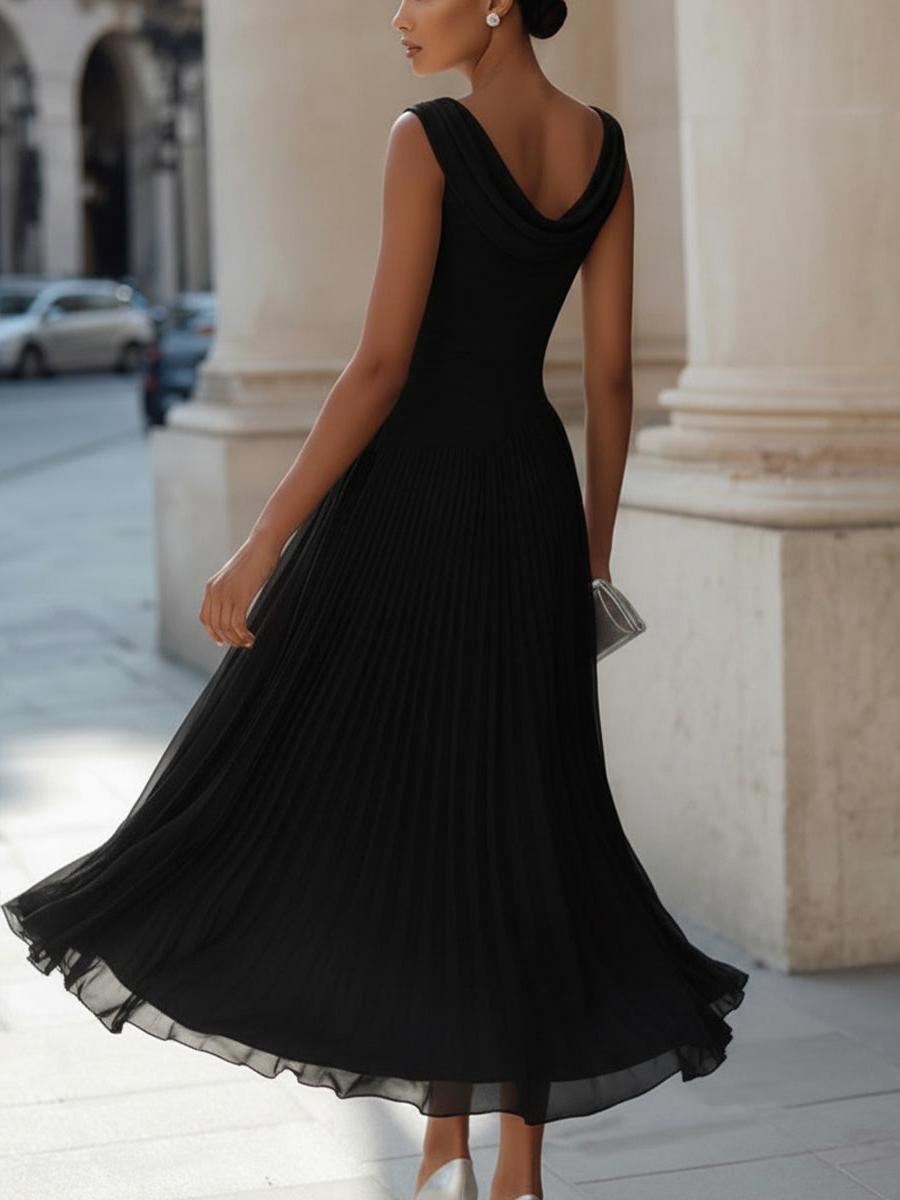 Sleeveless Pleated Midi Dress Women UK – Draped Neck Evening Gown, Wedding Guest & Formal Occasion