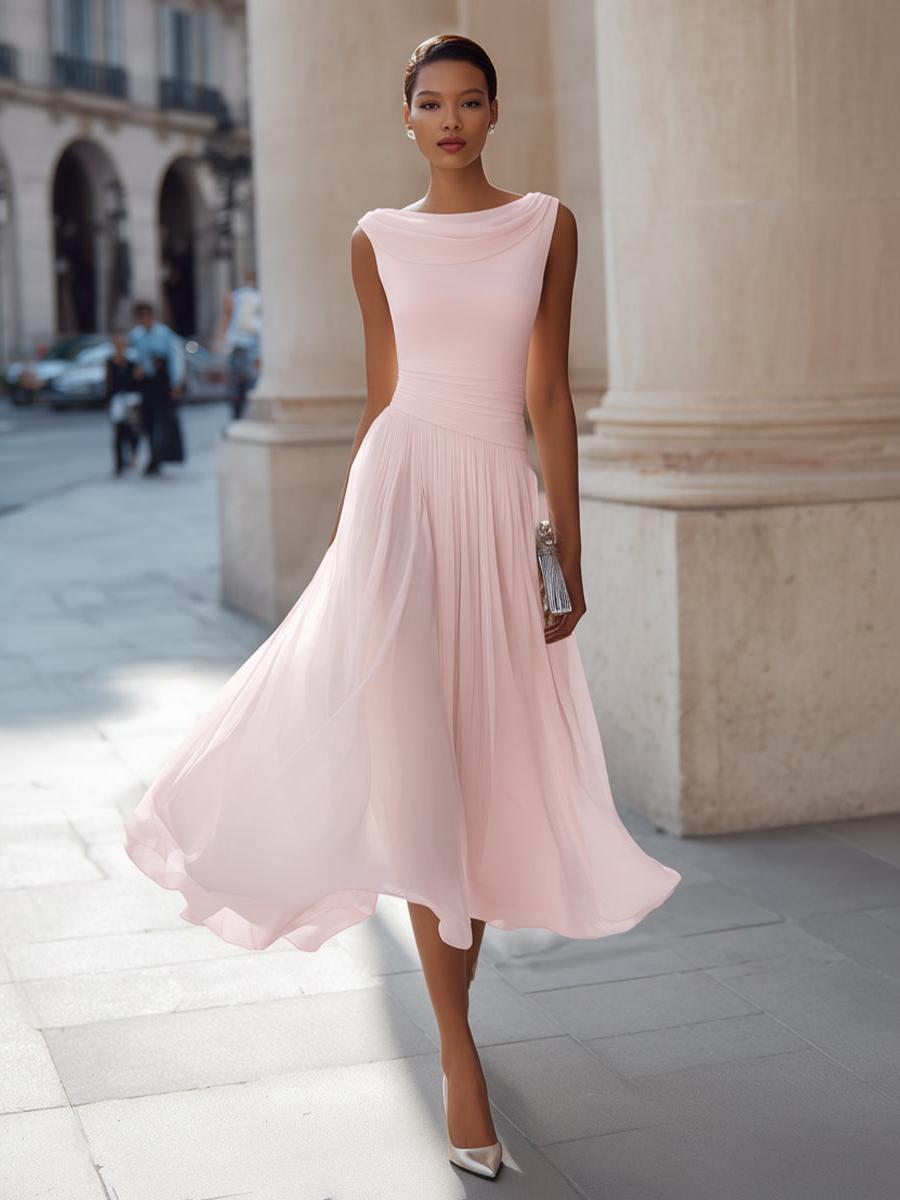 Sleeveless Pleated Midi Dress Women UK – Draped Neck Evening Gown, Wedding Guest & Formal Occasion