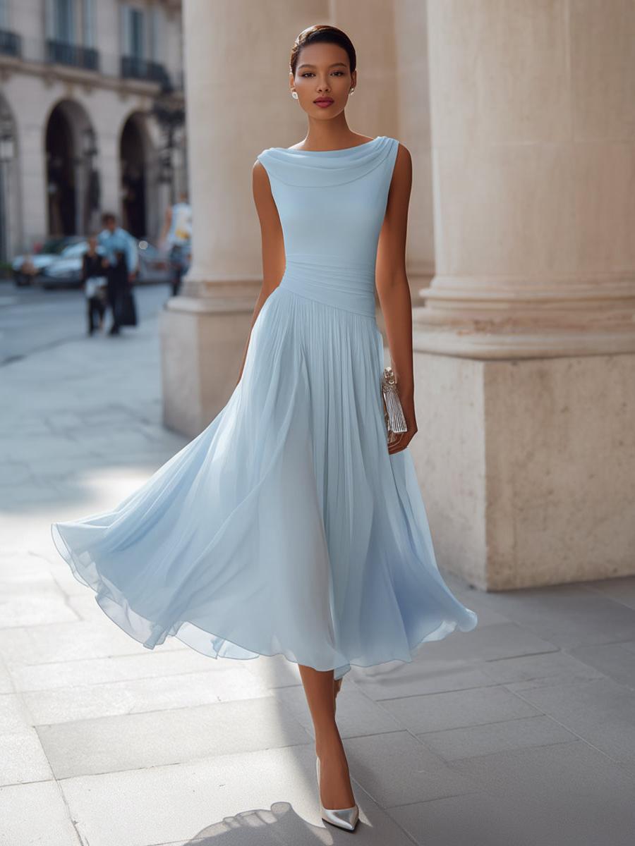 Sleeveless Pleated Midi Dress Women UK – Draped Neck Evening Gown, Wedding Guest & Formal Occasion