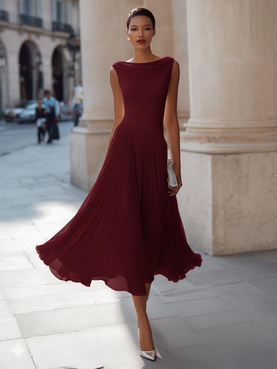 Sleeveless Pleated Midi Dress Women UK – Draped Neck Evening Gown, Wedding Guest & Formal Occasion