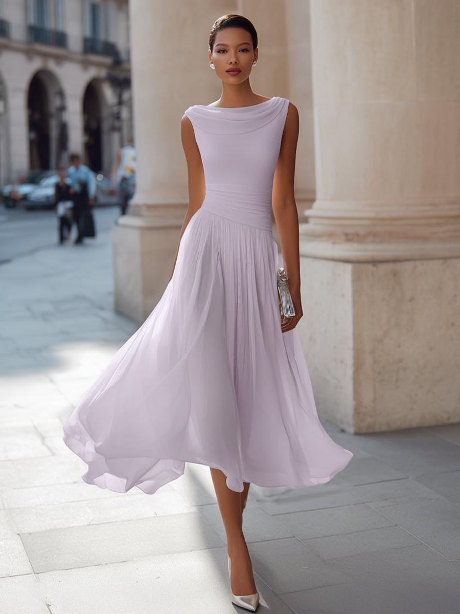 Sleeveless Pleated Midi Dress Women UK – Draped Neck Evening Gown, Wedding Guest & Formal Occasion