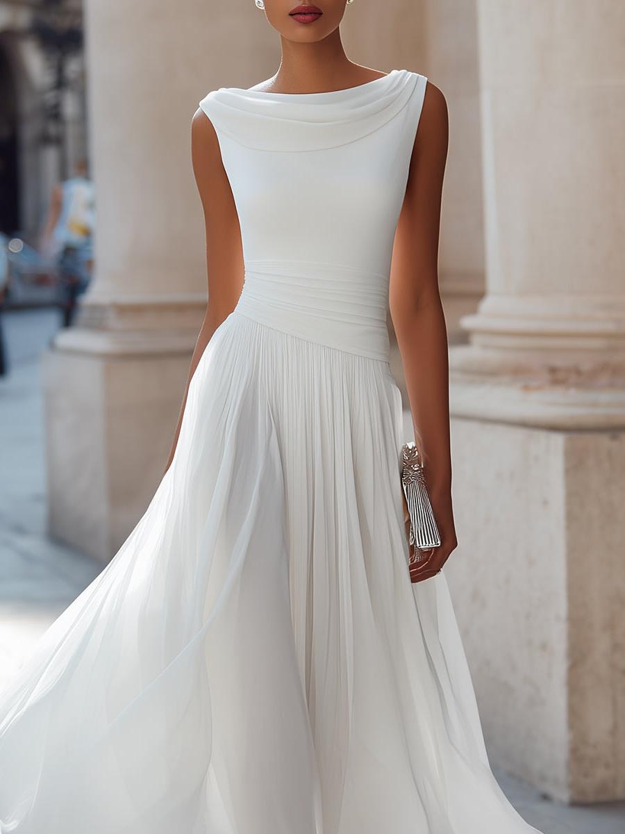 Sleeveless Pleated Midi Dress Women UK – Draped Neck Evening Gown, Wedding Guest & Formal Occasion
