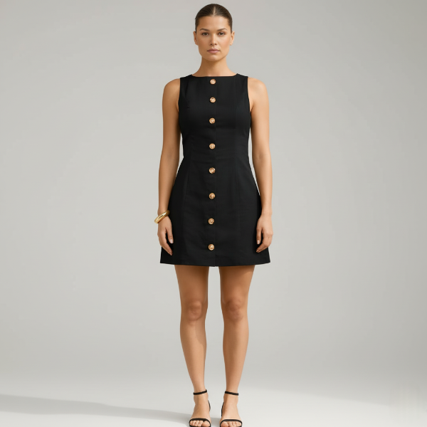 Sleeveless Square Neck Mini Dress with Button Front for Casual Wear
