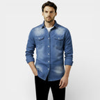 Slim Fit Denim Shirt for Men - Western Style Button-Up - Casual Wear - Versatile and Comfortable
