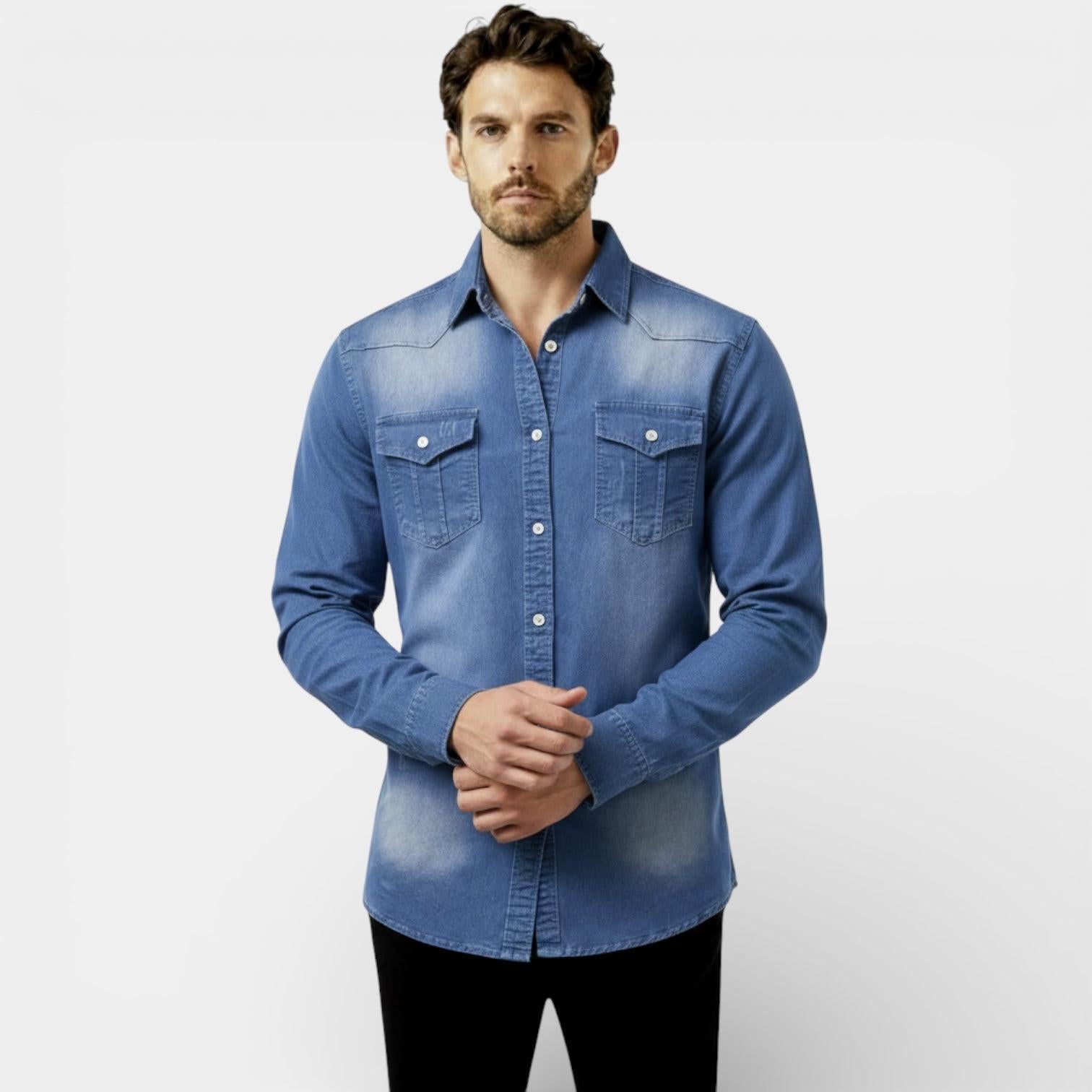 Slim Fit Denim Shirt for Men - Western Style Button-Up - Casual Wear - Versatile and Comfortable