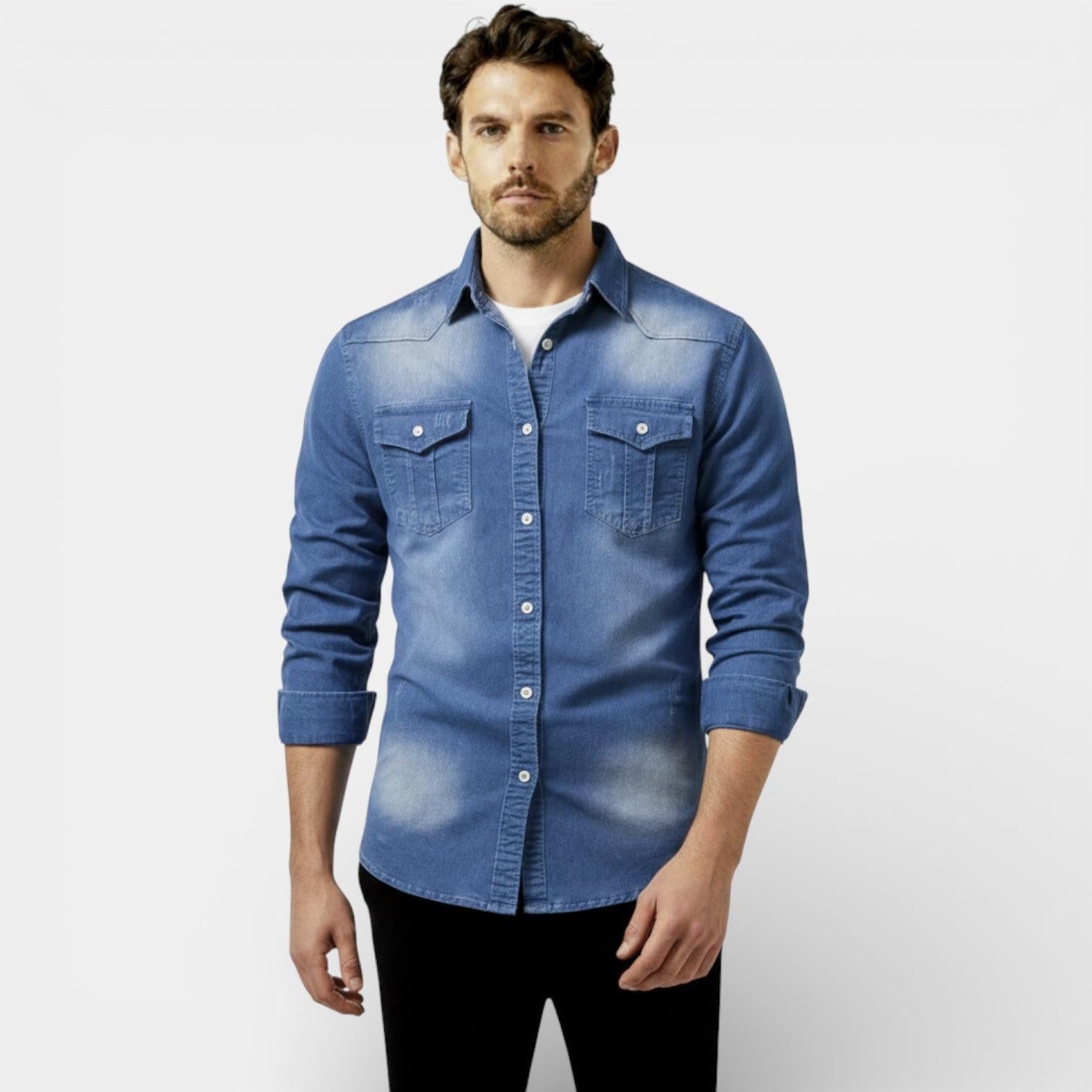Slim Fit Denim Shirt for Men - Western Style Button-Up - Casual Wear - Versatile and Comfortable