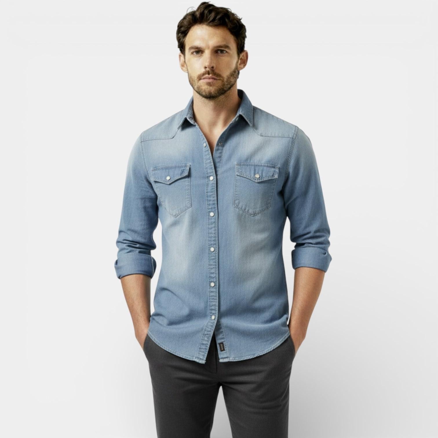Slim Fit Denim Shirt for Men - Western Style Button-Up - Casual Wear - Versatile and Comfortable
