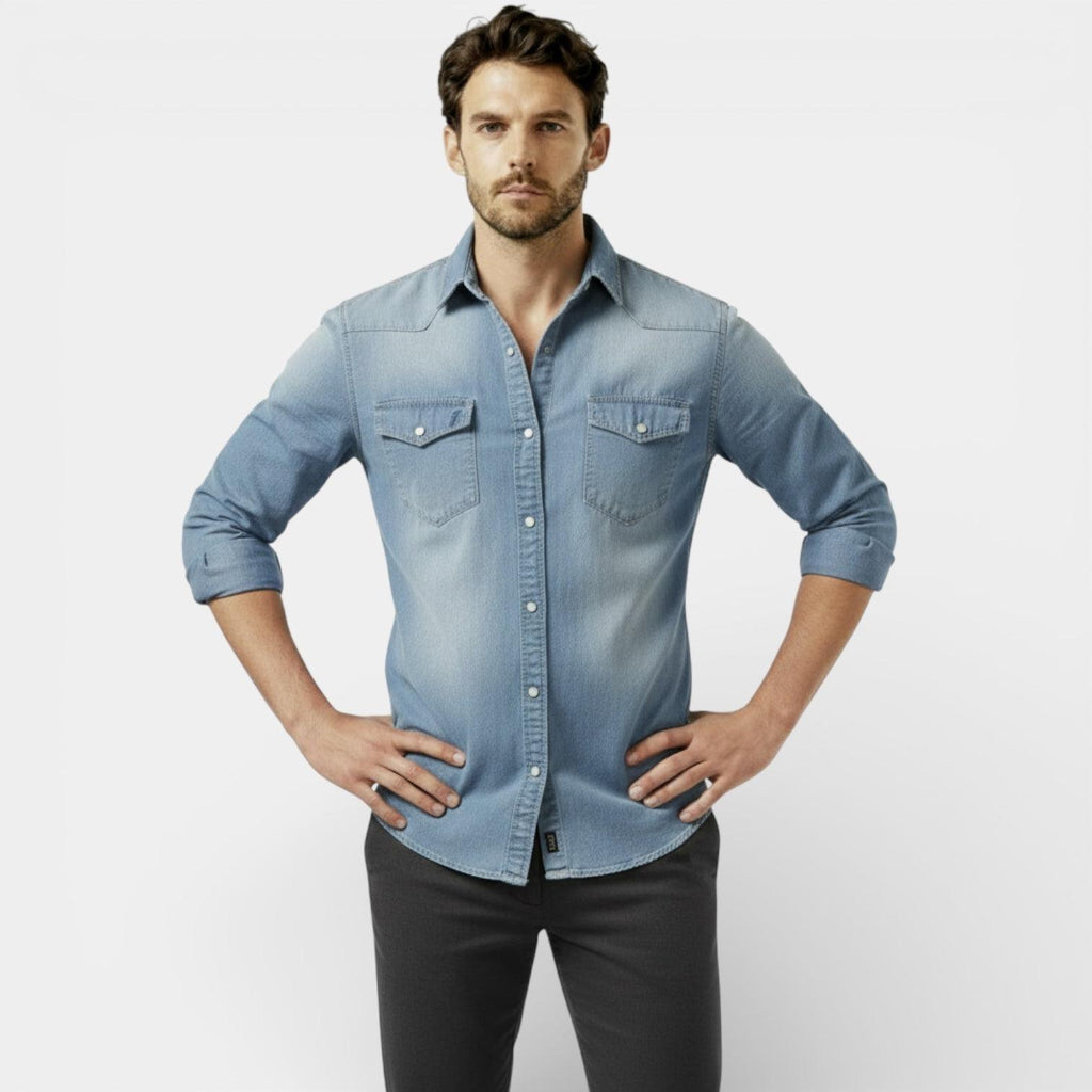 Slim Fit Denim Shirt for Men - Western Style Button-Up - Casual Wear - Versatile and Comfortable