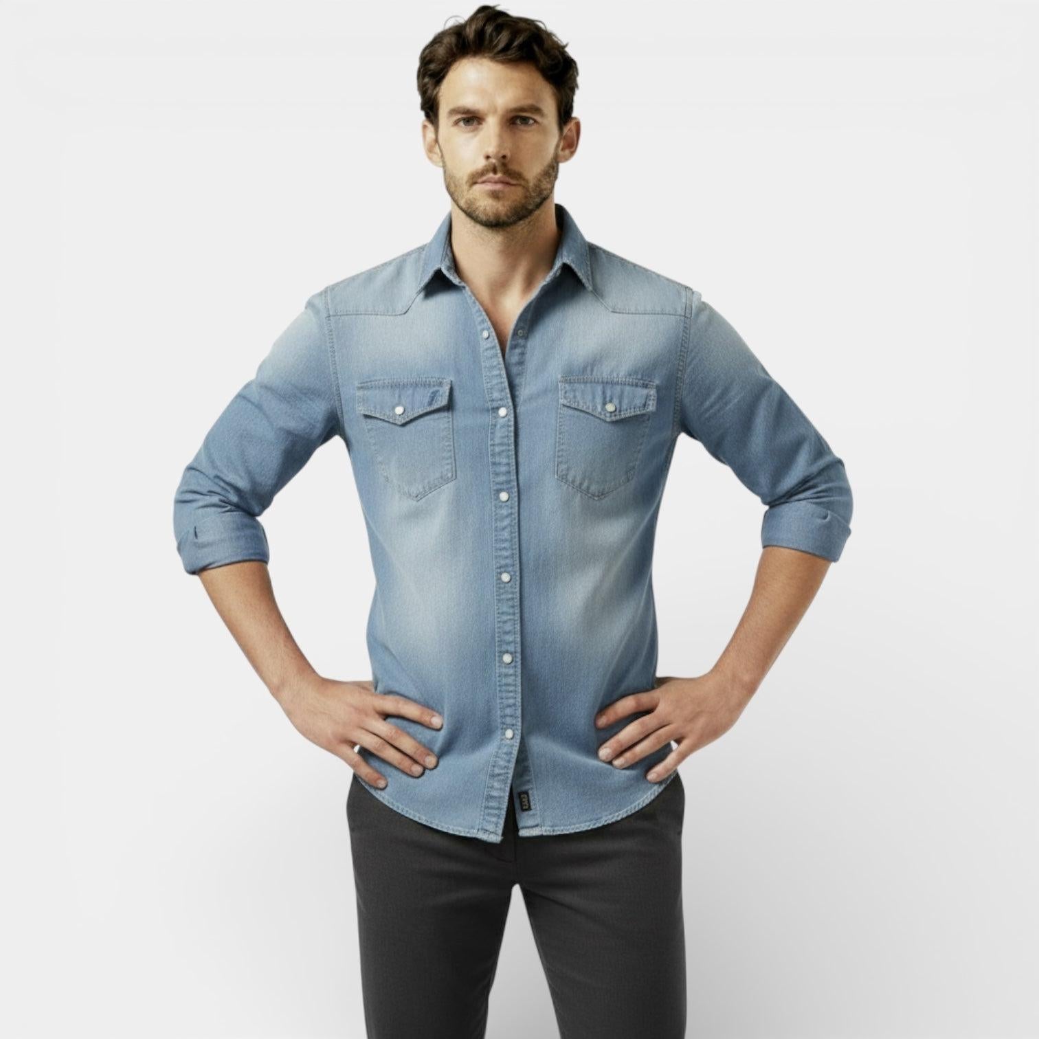 Slim Fit Denim Shirt for Men - Western Style Button-Up - Casual Wear - Versatile and Comfortable