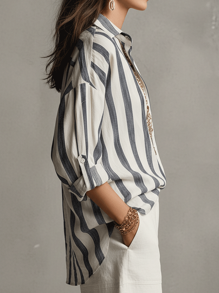 Striped Cotton Linen Long-Sleeve Shirt Women UK – Smart Casual Office Holiday Wear