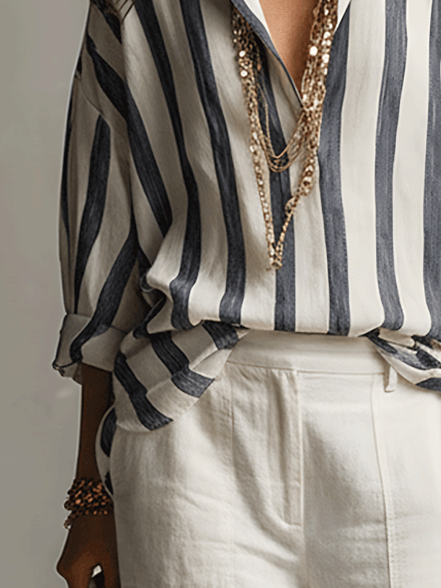 Striped Cotton Linen Long-Sleeve Shirt Women UK – Smart Casual Office Holiday Wear