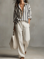 Striped Cotton Linen Long-Sleeve Shirt Women UK – Smart Casual Office Holiday Wear