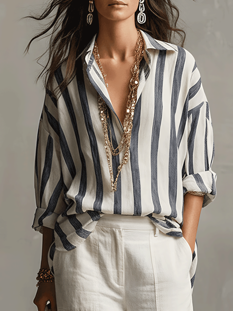 Striped Cotton Linen Long-Sleeve Shirt Women UK – Smart Casual Office Holiday Wear