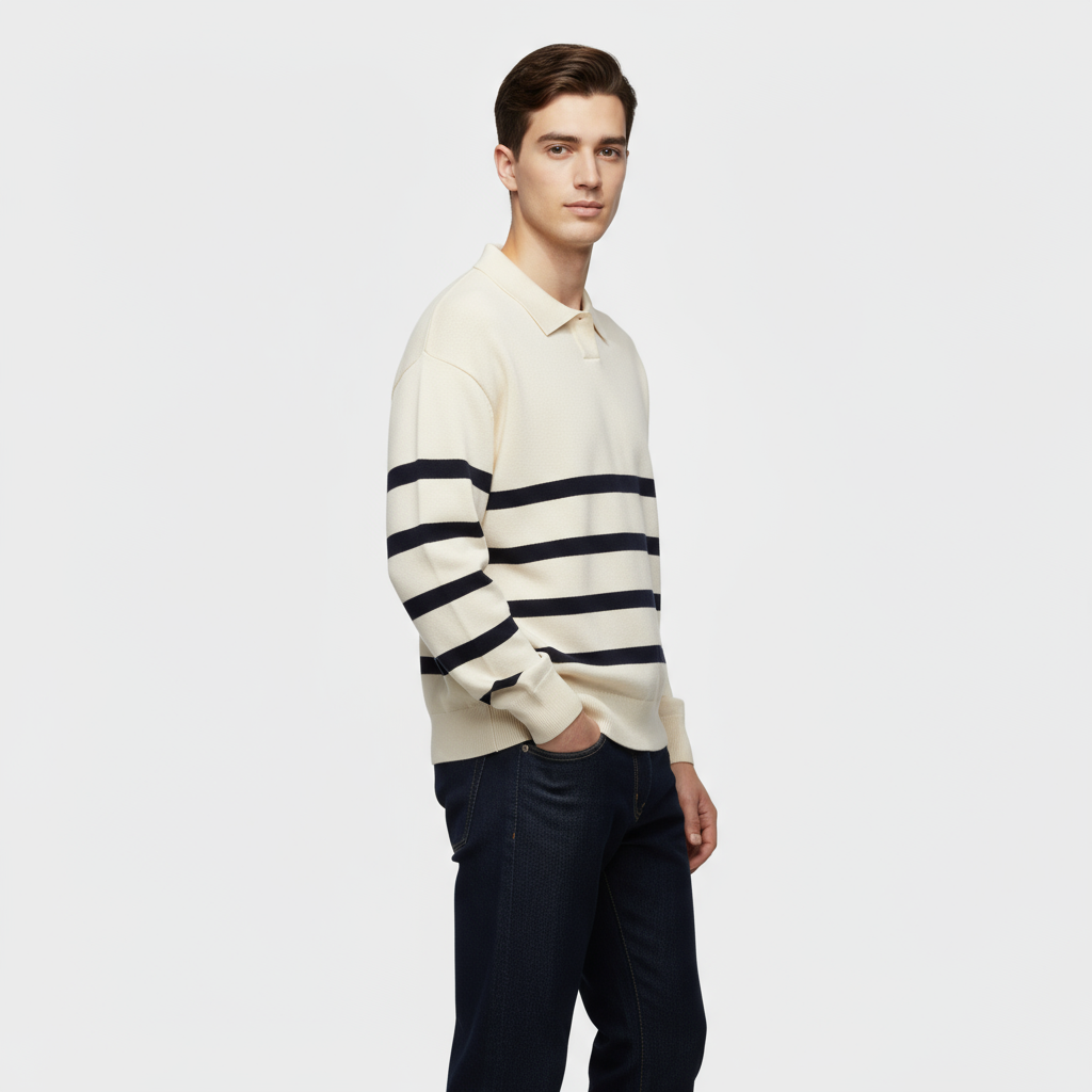 Striped Knit Polo Shirt for Men - Slim Fit Cotton Casual Wear - Perfect for Everyday and Smart Casual Outfits