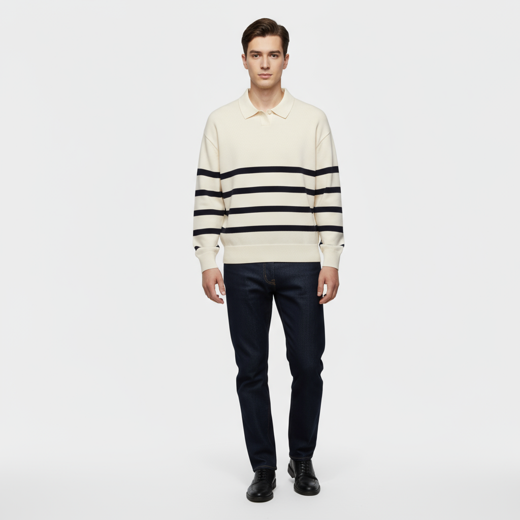 Striped Knit Polo Shirt for Men - Slim Fit Cotton Casual Wear - Perfect for Everyday and Smart Casual Outfits