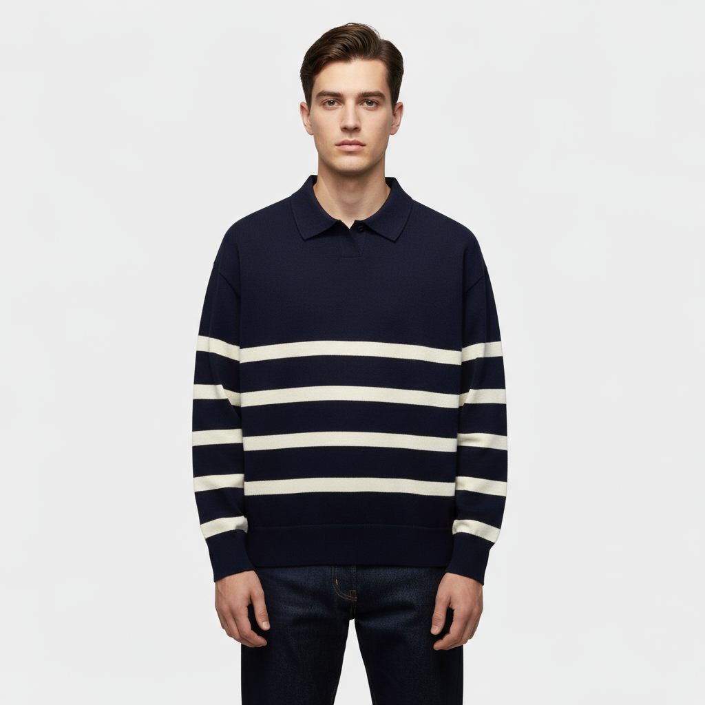 Striped Knit Polo Shirt for Men - Slim Fit Cotton Casual Wear - Perfect for Everyday and Smart Casual Outfits