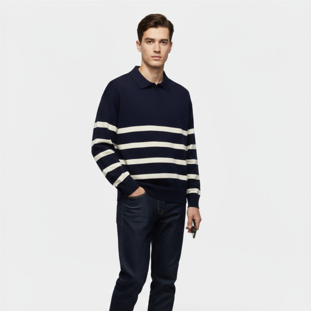 Striped Knit Polo Shirt for Men - Slim Fit Cotton Casual Wear - Perfect for Everyday and Smart Casual Outfits