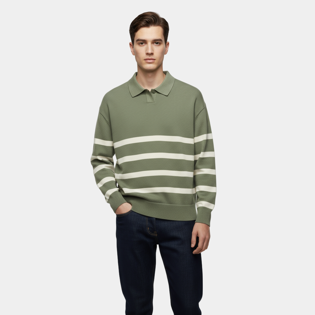 Striped Knit Polo Shirt for Men - Slim Fit Cotton Casual Wear - Perfect for Everyday and Smart Casual Outfits