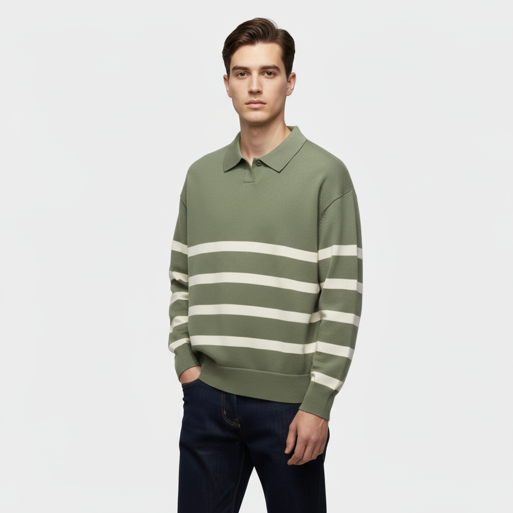 Striped Knit Polo Shirt for Men - Slim Fit Cotton Casual Wear - Perfect for Everyday and Smart Casual Outfits