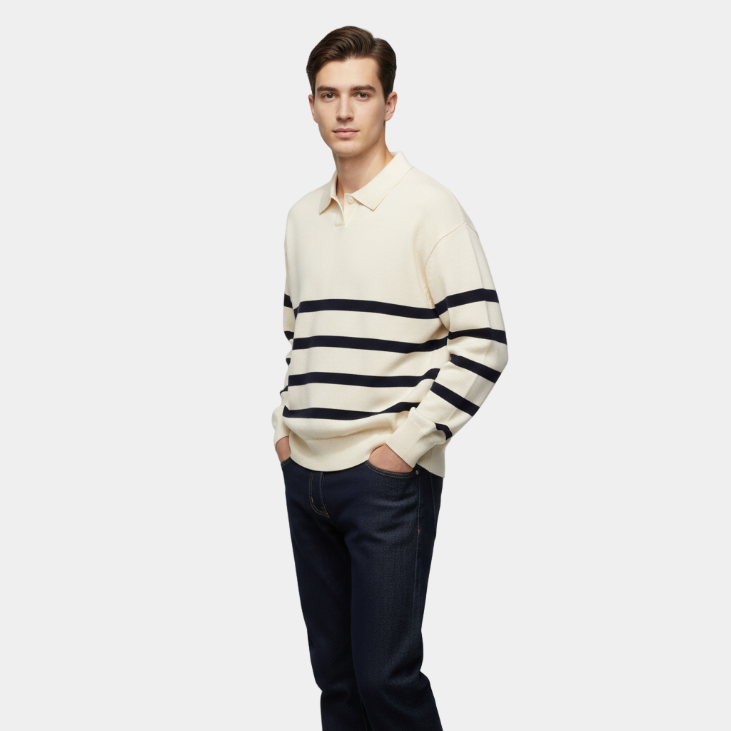 Striped Knit Polo Shirt for Men - Slim Fit Cotton Casual Wear - Perfect for Everyday and Smart Casual Outfits