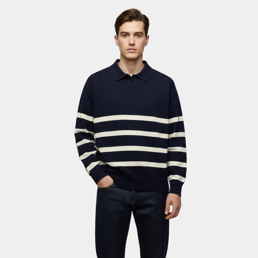 Striped Knit Polo Shirt for Men - Slim Fit Cotton Casual Wear - Perfect for Everyday and Smart Casual Outfits